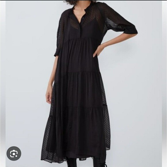 Zara Swiss Dot Long Sleeve Tiered Smocked Maxi Dress Black X Large - Picture 1 of 8